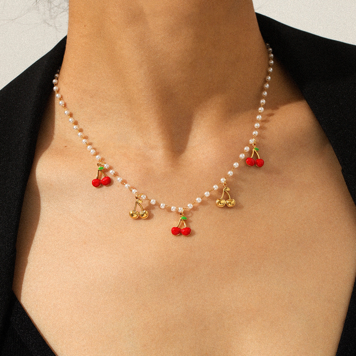 French-Style Cherry Pendant Necklace with Tassel – 18K Gold Plated Stainless Steel Pearl Chain Layering Jewelry for Women