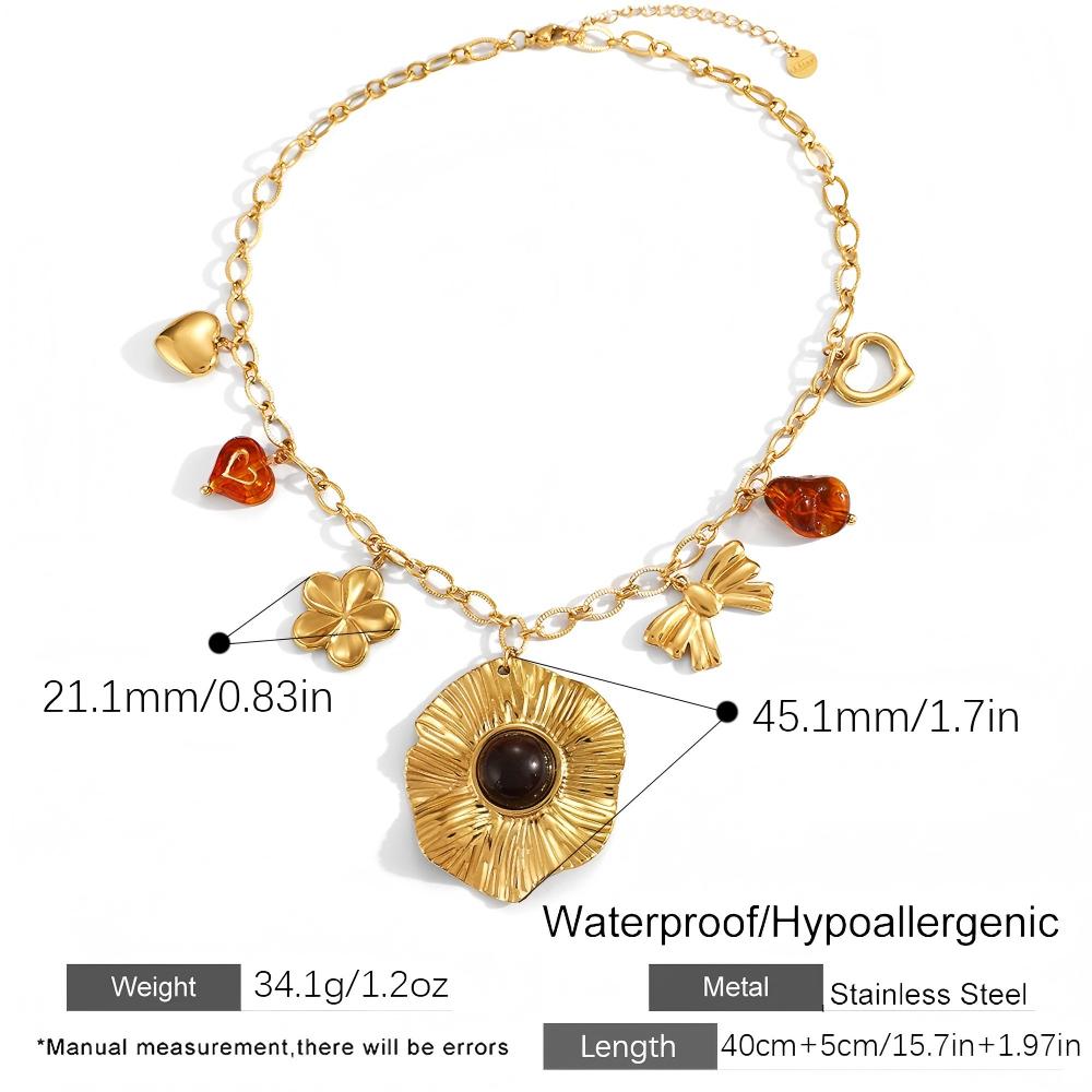 Flower Heart & Bow Necklace – 18K Gold Plated Stainless Steel Waterproof Statement Jewelry for Women