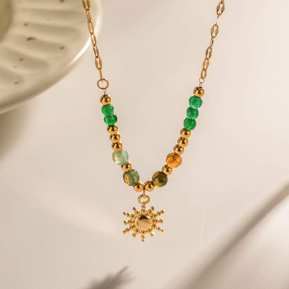 18K Gold Plated Sun Pendant Necklace – Natural Stone French Vintage Stainless Steel Jewelry for Women