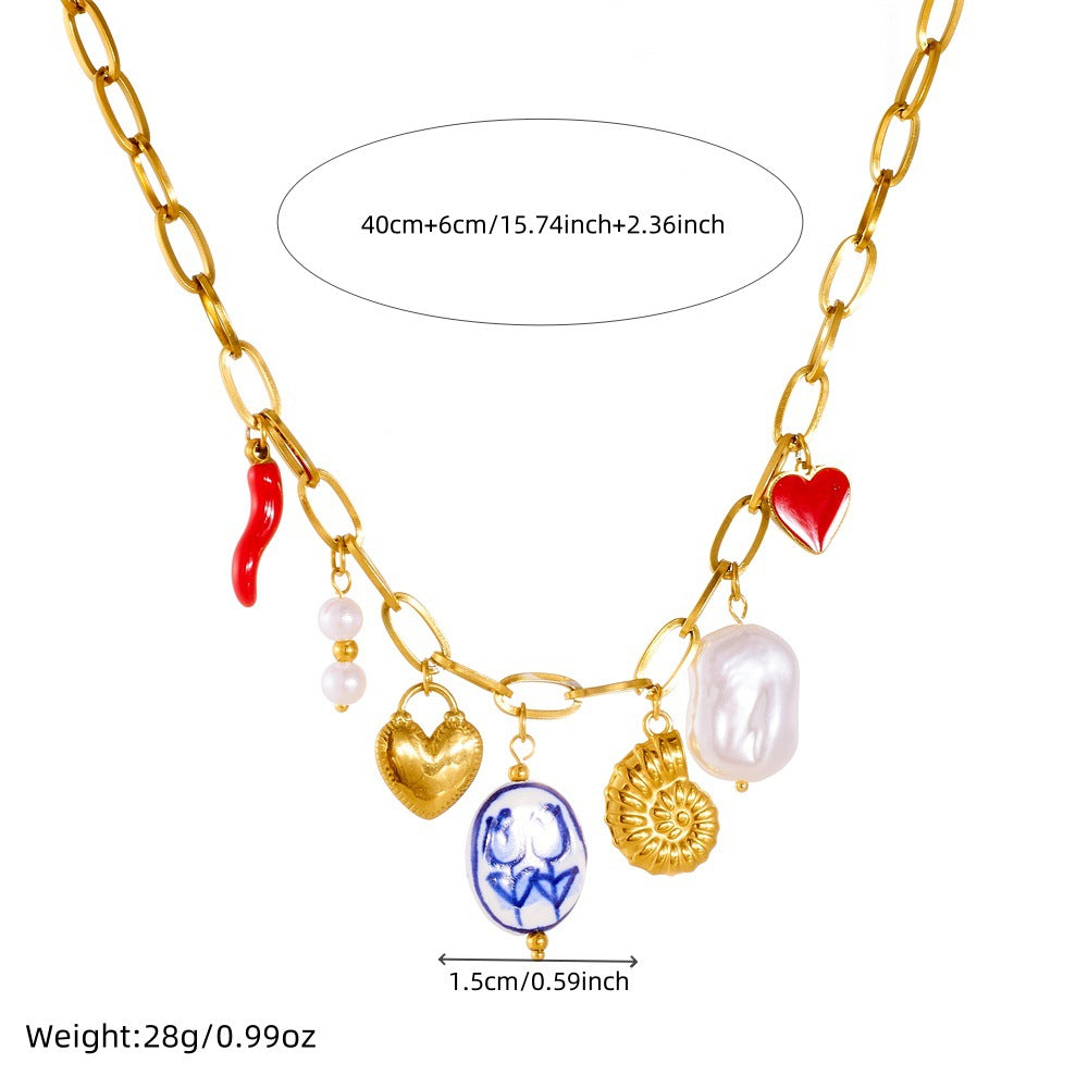 Gold Plated Multi-Charm Necklace – Heart, Shell & Chili Pendant Colorful Statement Jewelry for Women