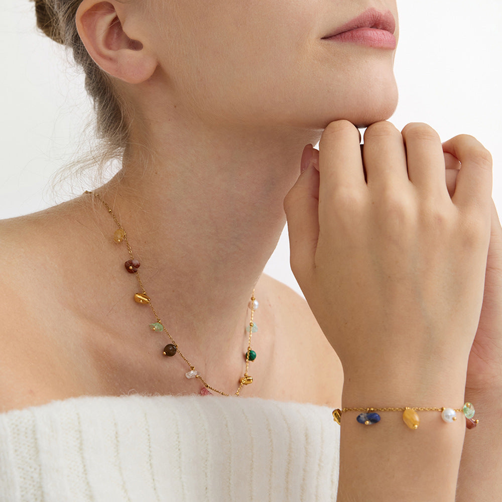 Vintage Natural Stone Necklace & Bracelet Set – Stainless Steel Chic Jewelry for Women