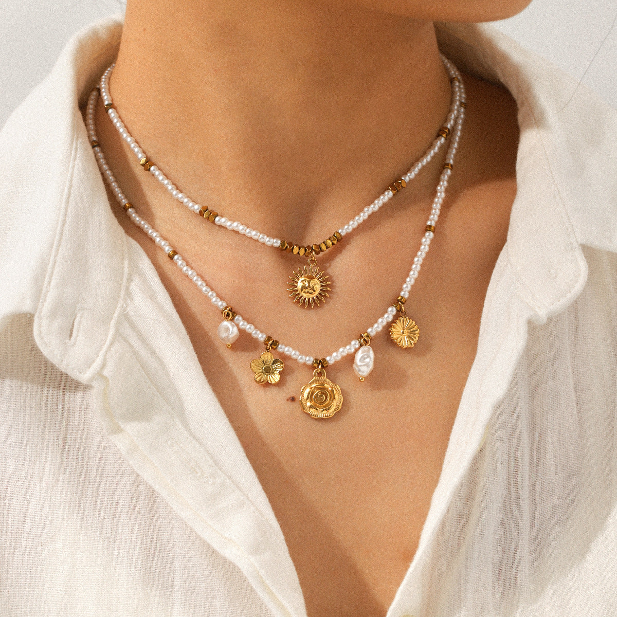 Pearl Chain Sunflower Pendant Necklace – 18K Gold Plated Stainless Steel Boutique Jewelry for Women