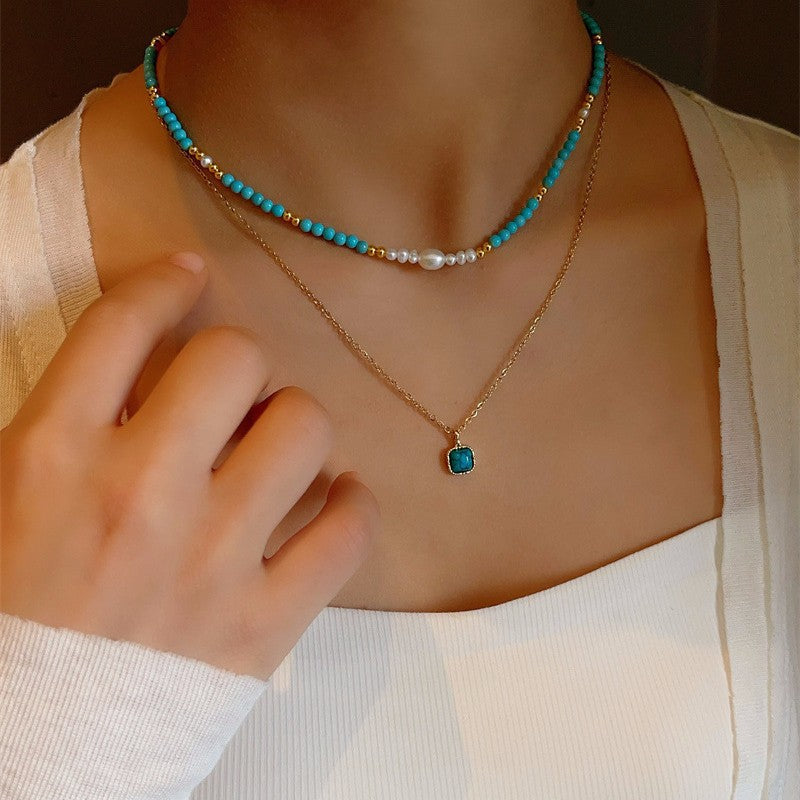 Turquoise & Pearl Layered Necklace – Vintage Beaded Double Layer Jewelry for Women