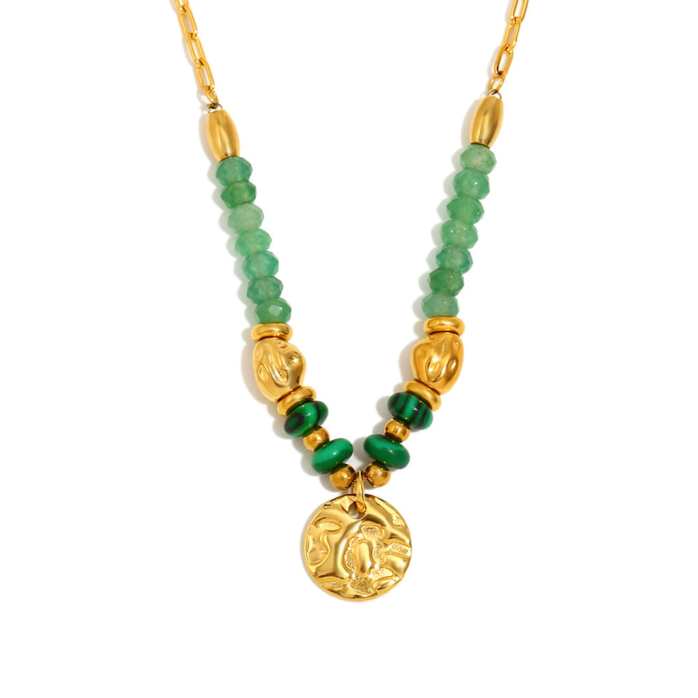 Geometric Hammered Circle Pendant Necklace – 18K Gold Plated Stainless Steel Green Gemstone Statement Jewelry for Women