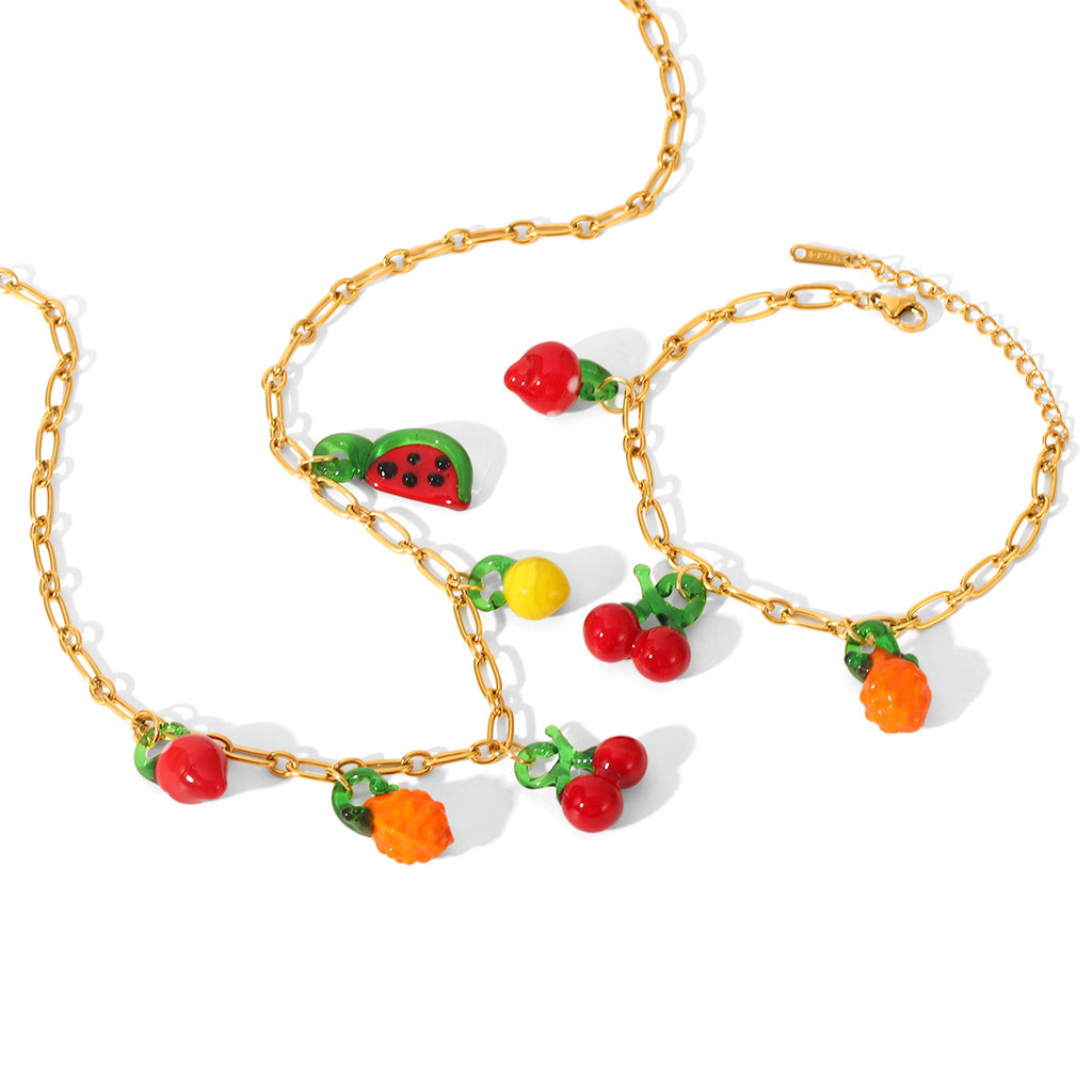 Fruit Charm Necklace & Bracelet Set – Cherry, Strawberry & Watermelon 18K Gold Plated Stainless Steel Cute Summer Jewelry
