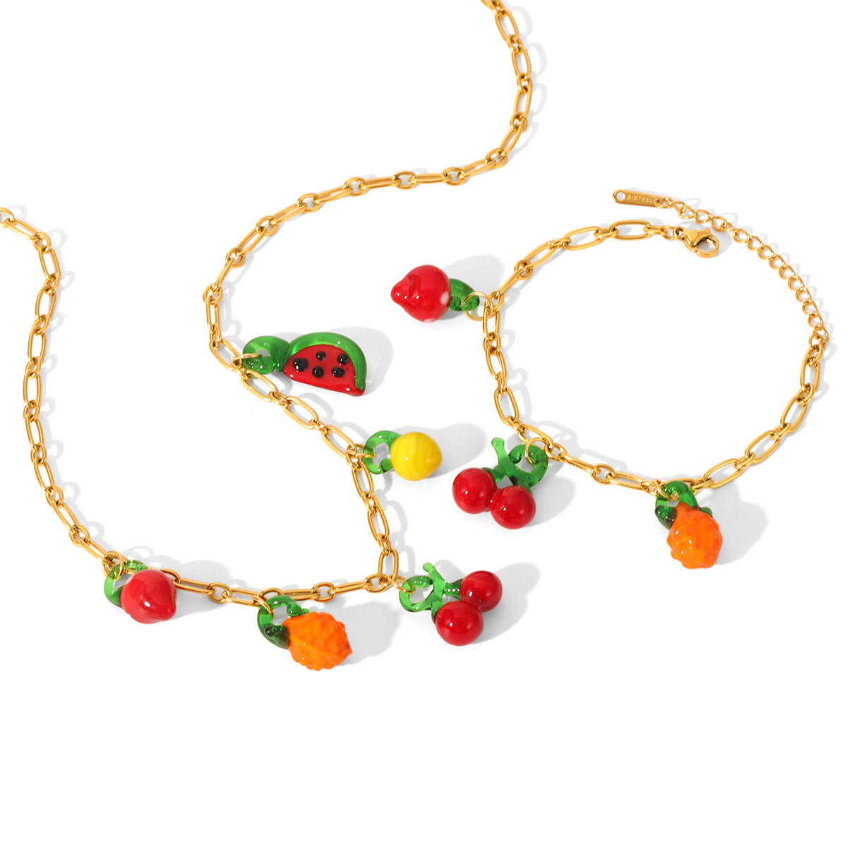 Fruit Charm Necklace & Bracelet Set – Cherry, Strawberry & Watermelon 18K Gold Plated Stainless Steel Cute Summer Jewelry