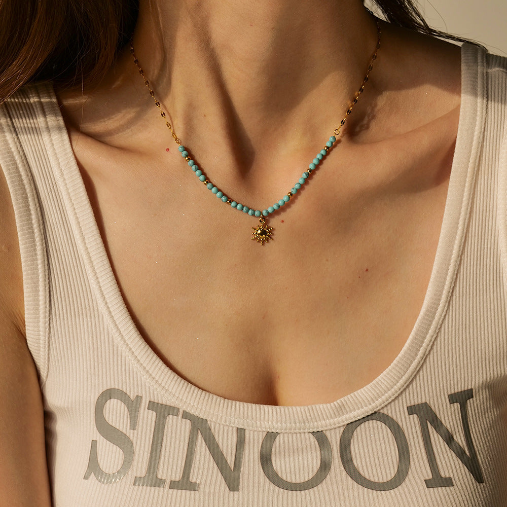 Turquoise Sun Pendant Necklace – 18K Gold Plated Stainless Steel Boho Jewelry for Women