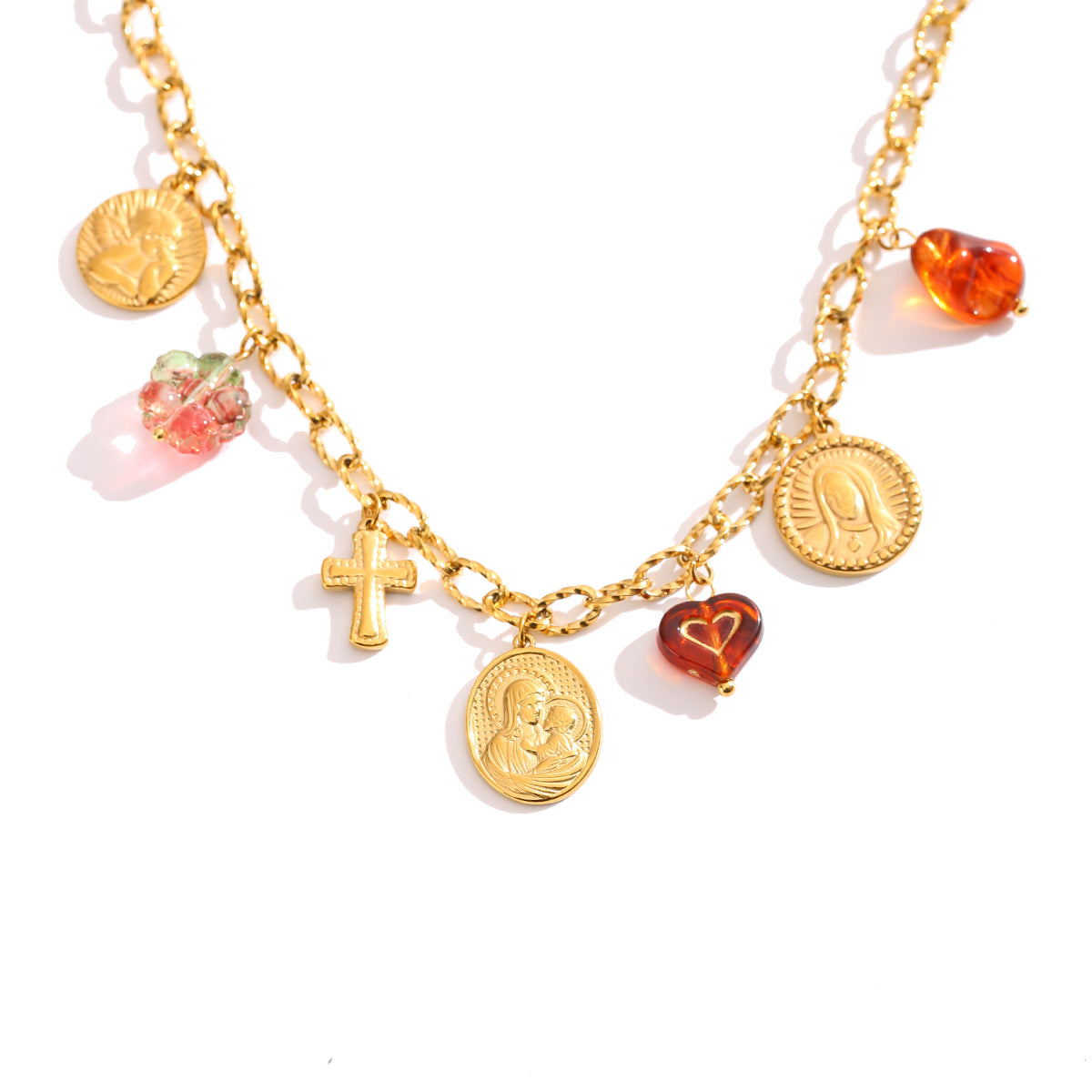 Vintage Gold Cross & Heart Pendant Necklace – Elegant Religious Charm Collarbone Chain for Women