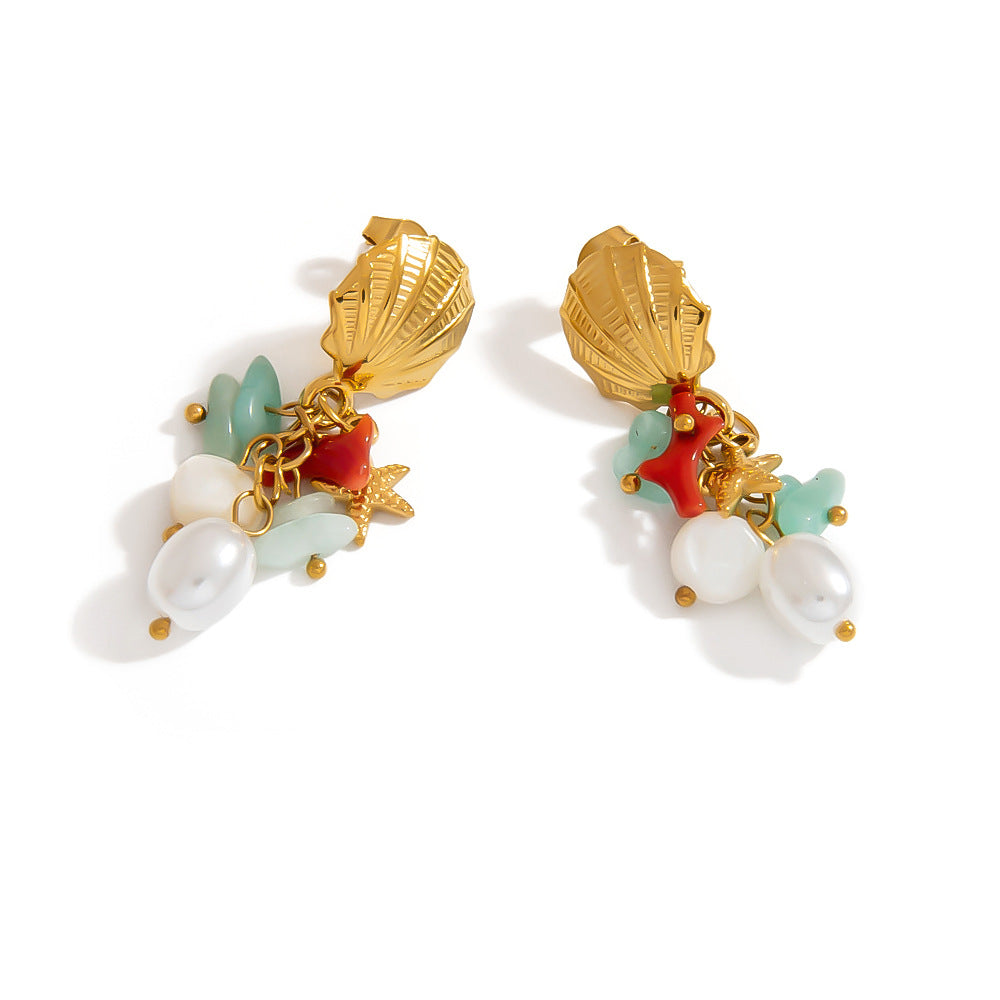 Ocean-Inspired Starfish & Shell Earrings – Stainless Steel Pearl & Natural Stone Drop Earrings for Women
