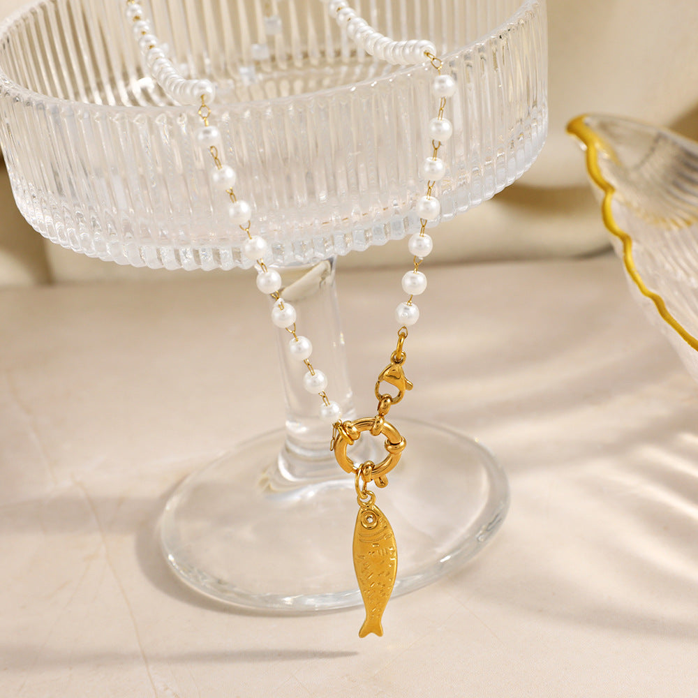 18K Gold Plated Pearl Fish Charm Necklace – Waterproof Stainless Steel Minimalist Jewelry for Women