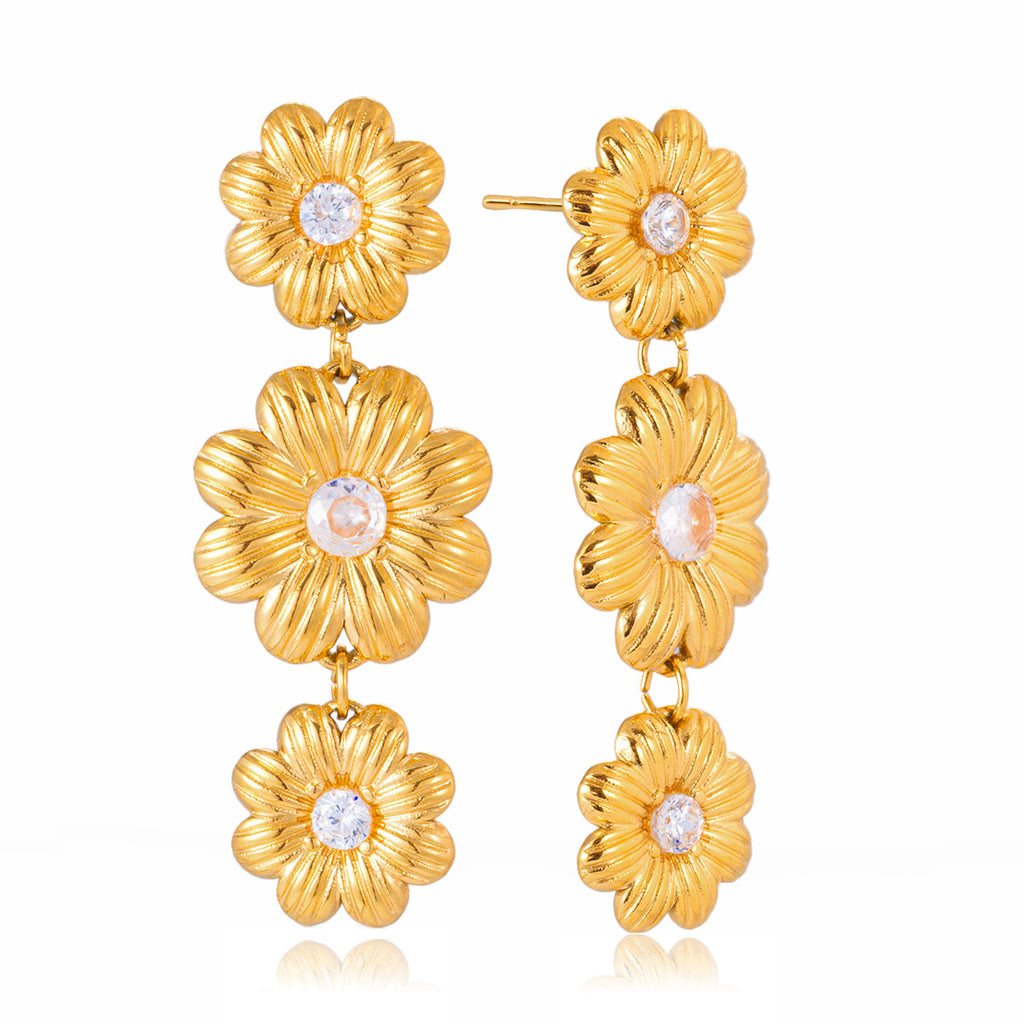 White Zircon Daisy Stud Earrings – 18K Gold Plated Stainless Steel Statement Floral Jewelry for Women