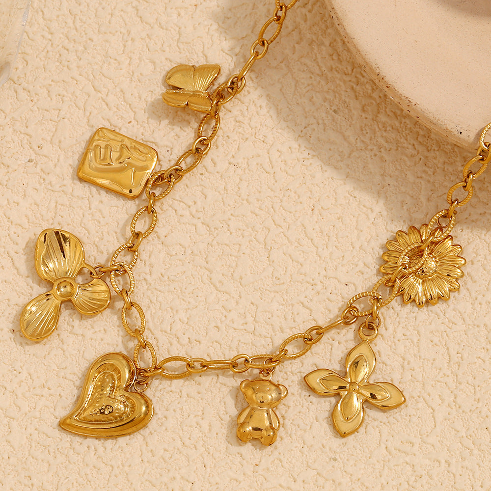 French-Inspired Heart & Round Pendant Necklace – 18K Gold Plated Stainless Steel Boutique Jewelry for Women