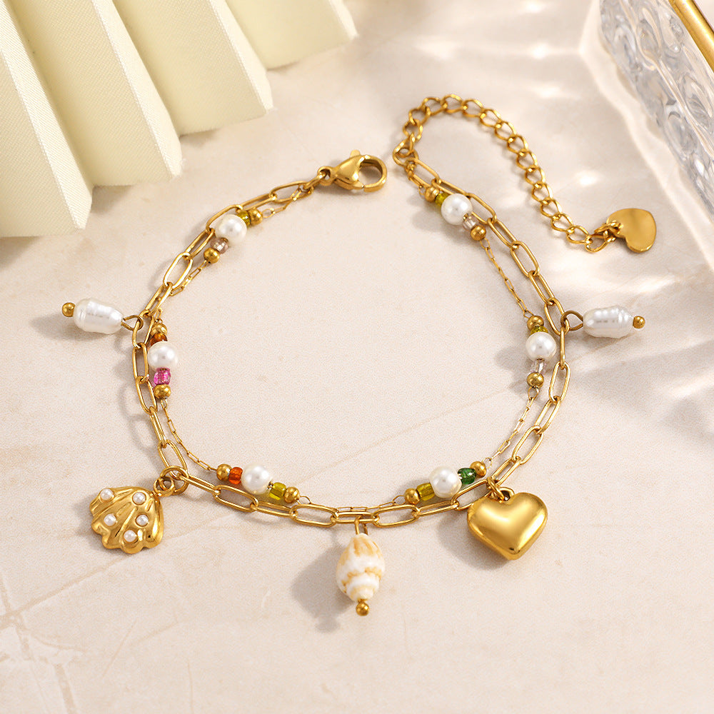 Heart Shell Layered Bracelet – 18K Gold Plated Stainless Steel Double Layer Minimalist Jewelry for Women