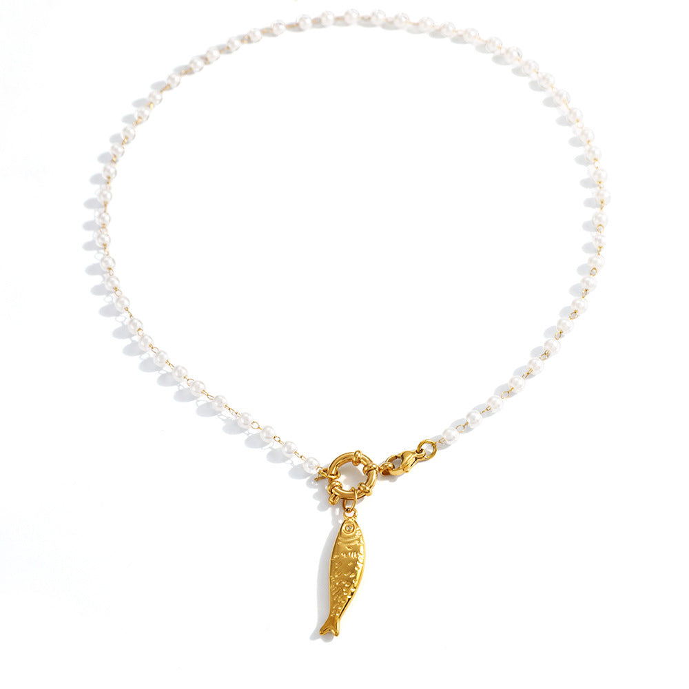 18K Gold Plated Pearl Fish Charm Necklace – Waterproof Stainless Steel Minimalist Jewelry for Women