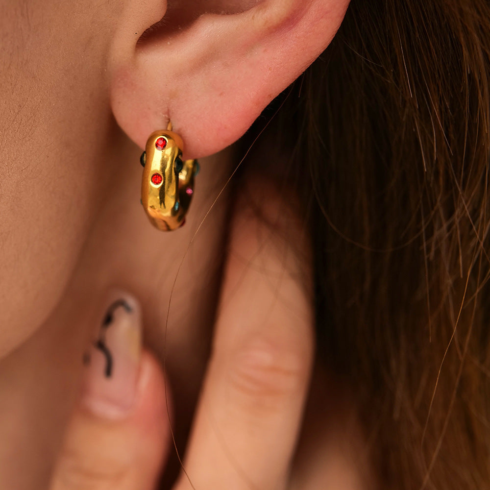 Hammered C Hoop Earrings with Colorful Zircon – Stainless Steel Statement Jewelry for Women