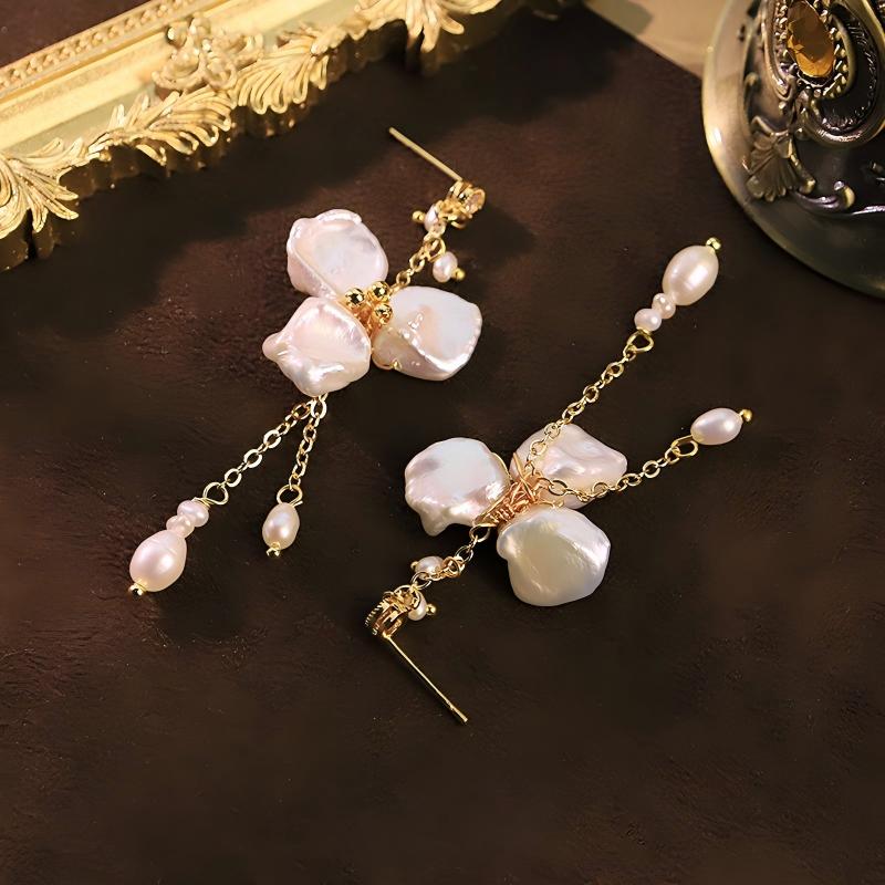 Freshwater Pearl Floral Chain Earrings – CZ Accents 18K Gold Plated Stainless Steel Minimalist Luxury Jewelry