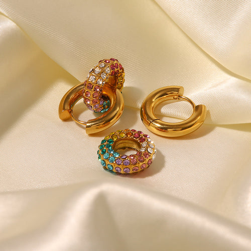 18K Gold Plated Rainbow Crystal Donut Earrings – Trendy Round Statement Jewelry for Women