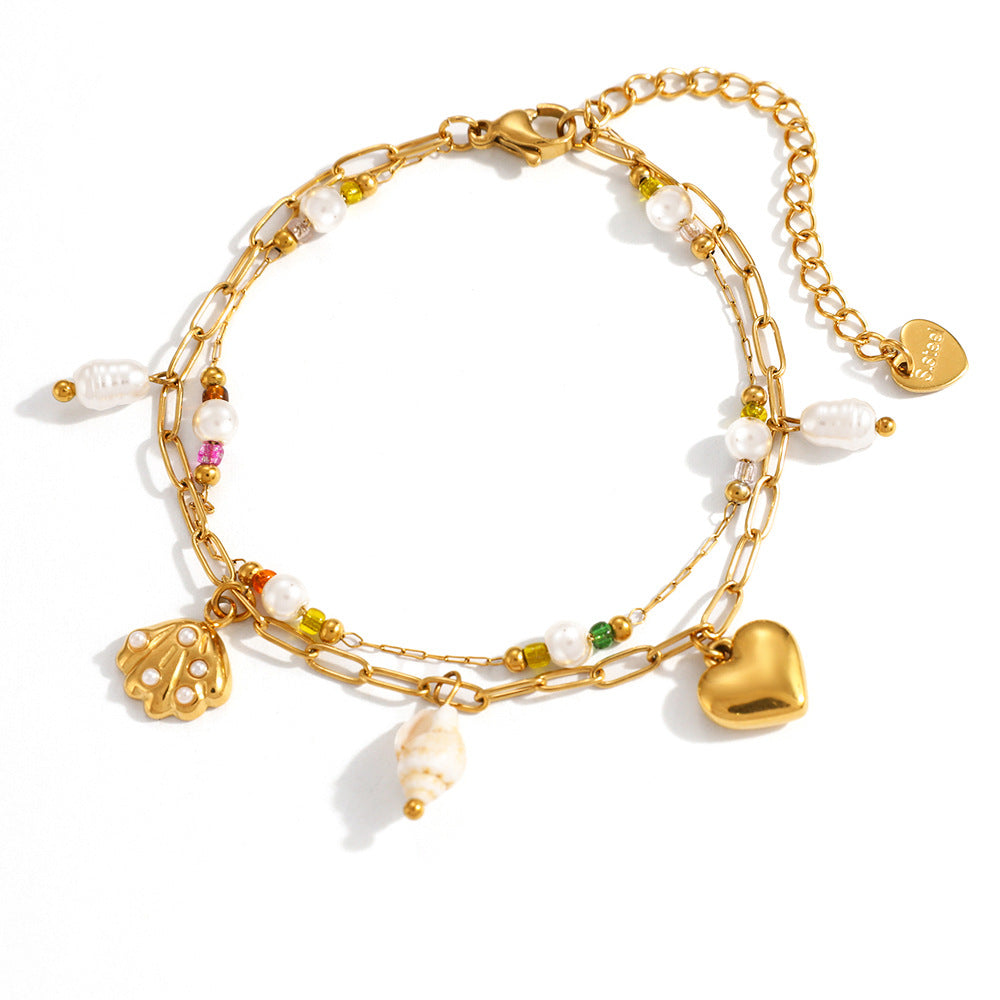 Heart Shell Layered Bracelet – 18K Gold Plated Stainless Steel Double Layer Minimalist Jewelry for Women