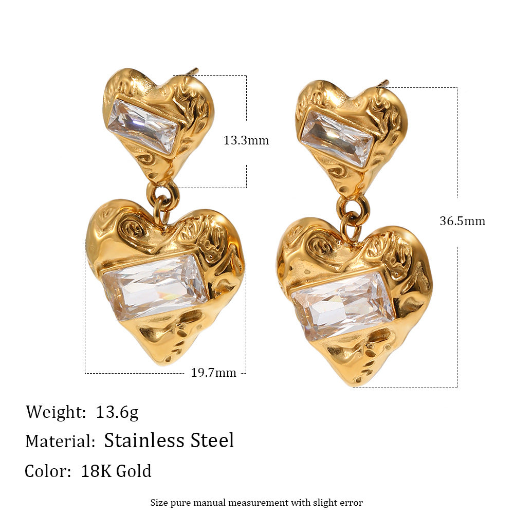 Zircon Heart Stud Earrings – 18K Gold Plated Stainless Steel Minimalist Jewelry for Women