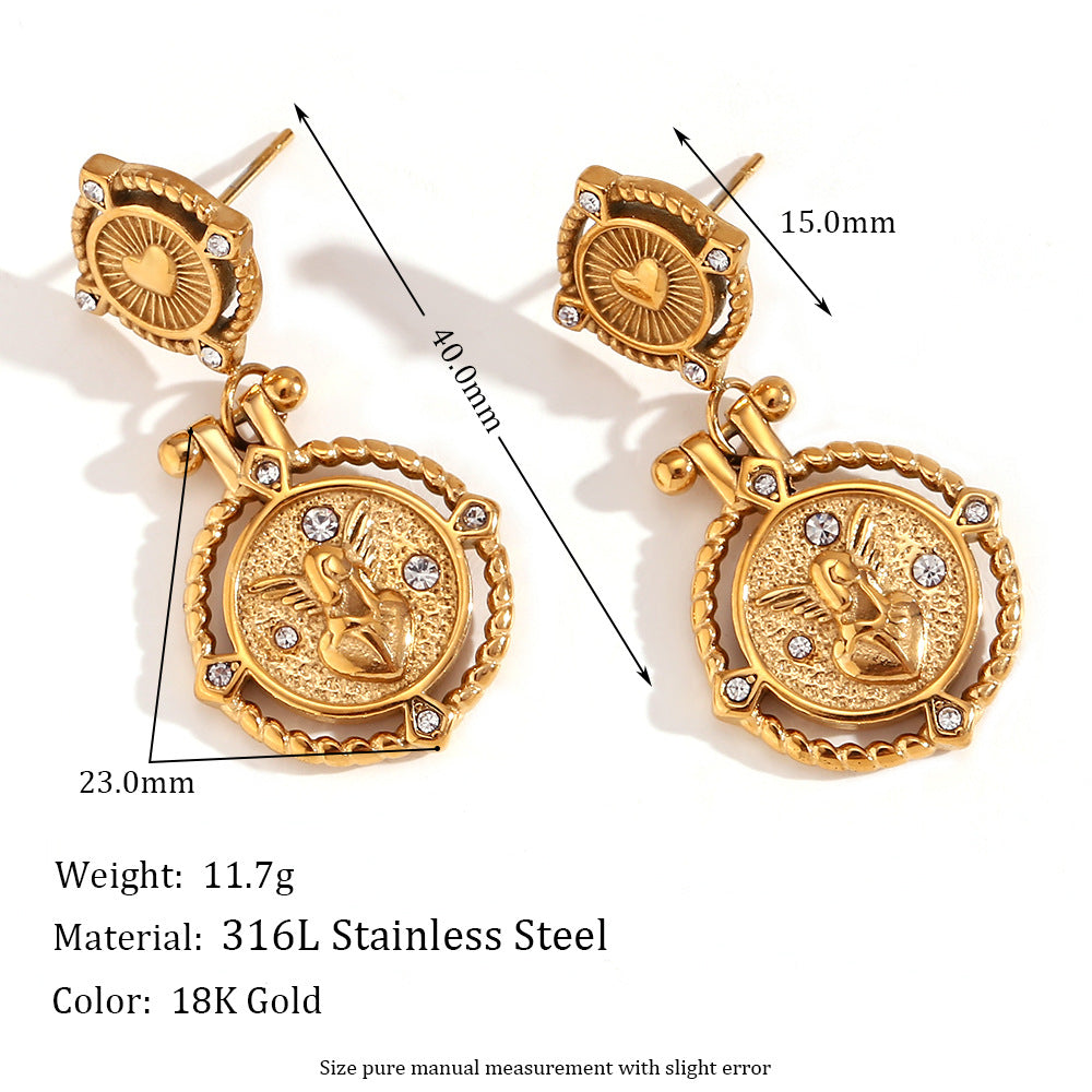 French-Inspired Heart & Angel Coin Earrings – 18K Gold Plated Stainless Steel Vintage Rhinestone Jewelry for Women