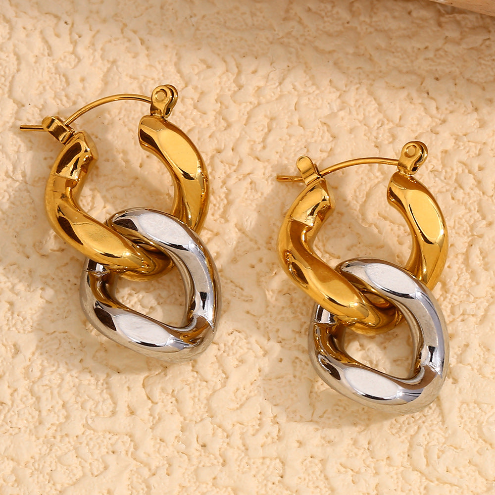 Two-Tone Chain Stud Earrings – 18K Gold Plated Stainless Steel Minimalist Jewelry for Women