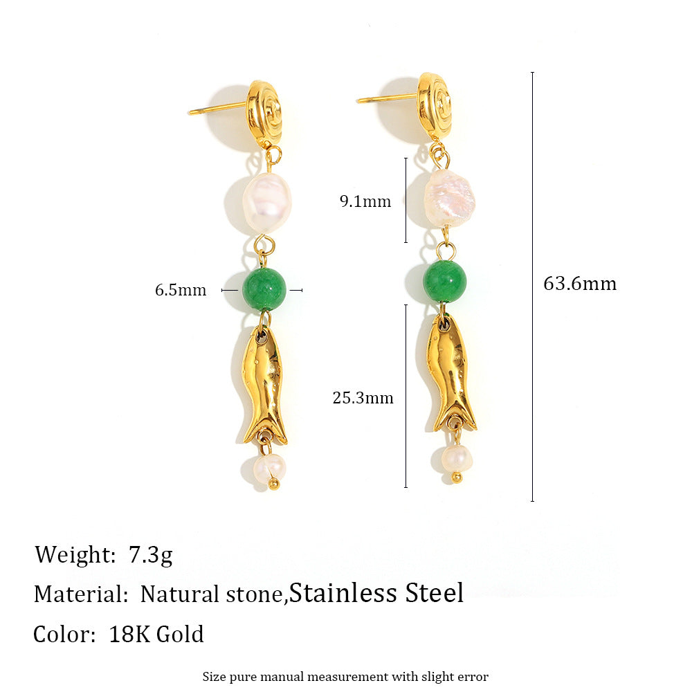 18K Gold Plated Pearl & Fish Tassel Earrings – Vintage Luxury Stainless Steel Drop Earrings for Women