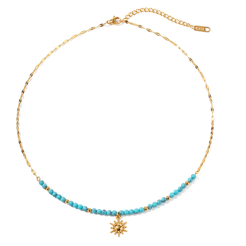 Turquoise Sun Pendant Necklace – 18K Gold Plated Stainless Steel Boho Jewelry for Women