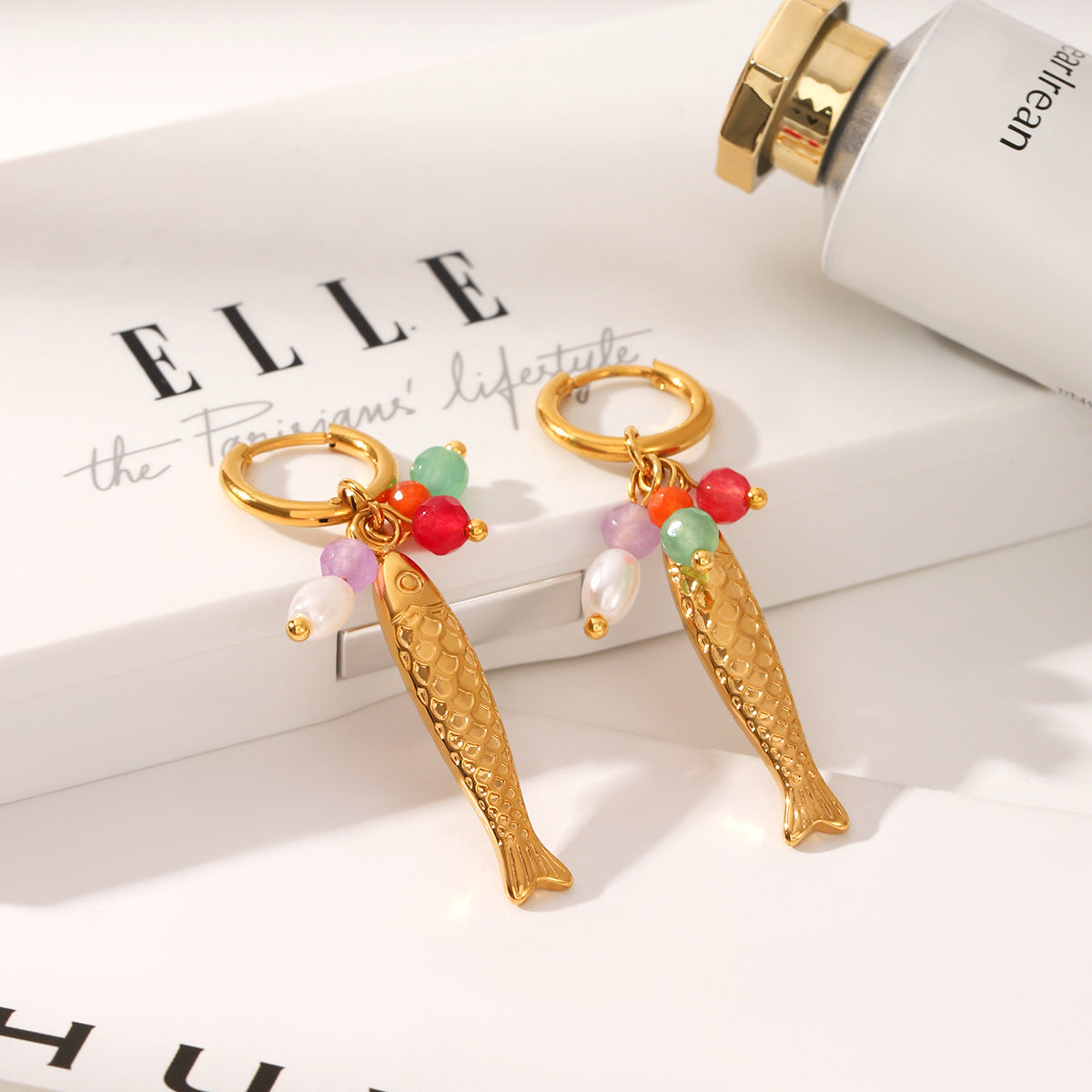 Fish Charm Beaded Earrings – Stainless Steel Pearl Drop Earrings Trendy Ocean Jewelry for Women