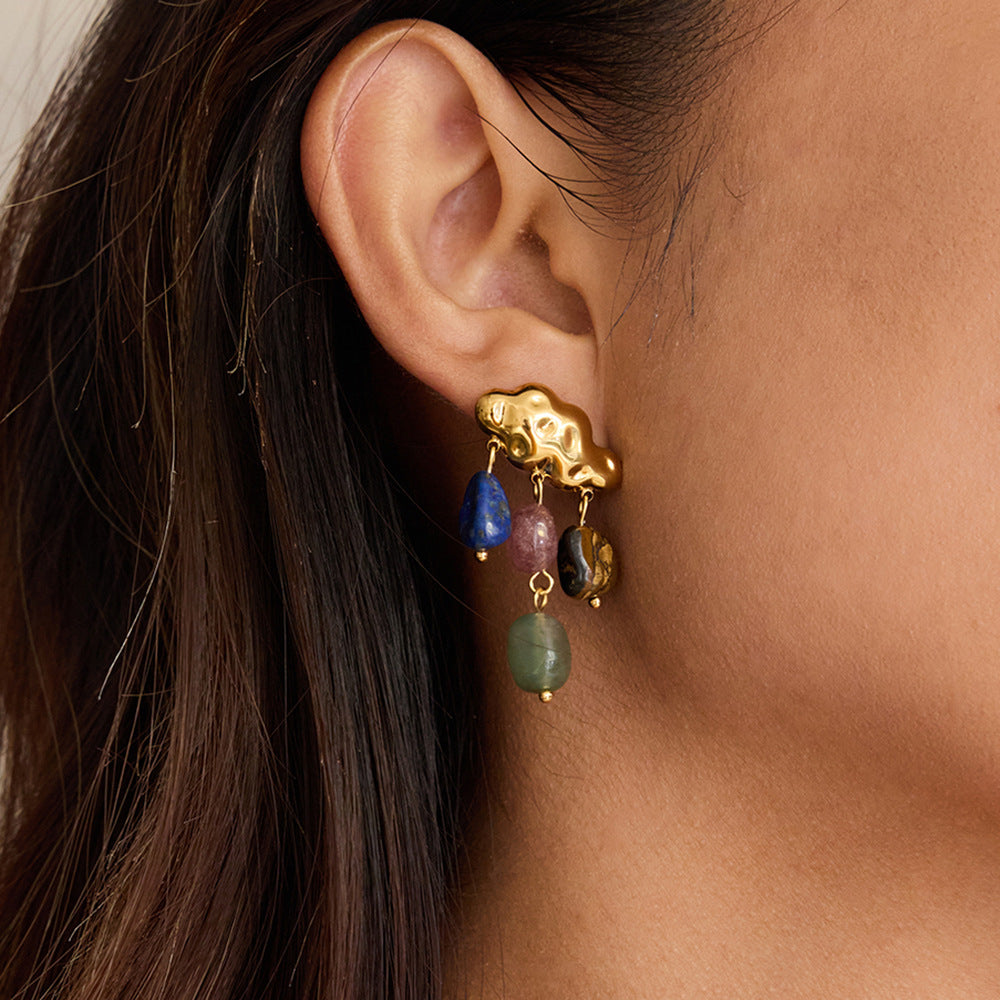 Colorful Natural Stone Cloud Tassel Earrings – Stainless Steel Luxury Jewelry for Women