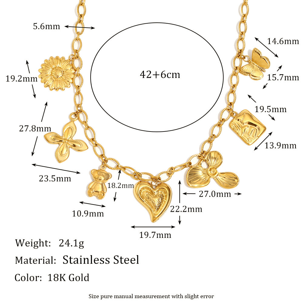 French-Inspired Heart & Round Pendant Necklace – 18K Gold Plated Stainless Steel Boutique Jewelry for Women