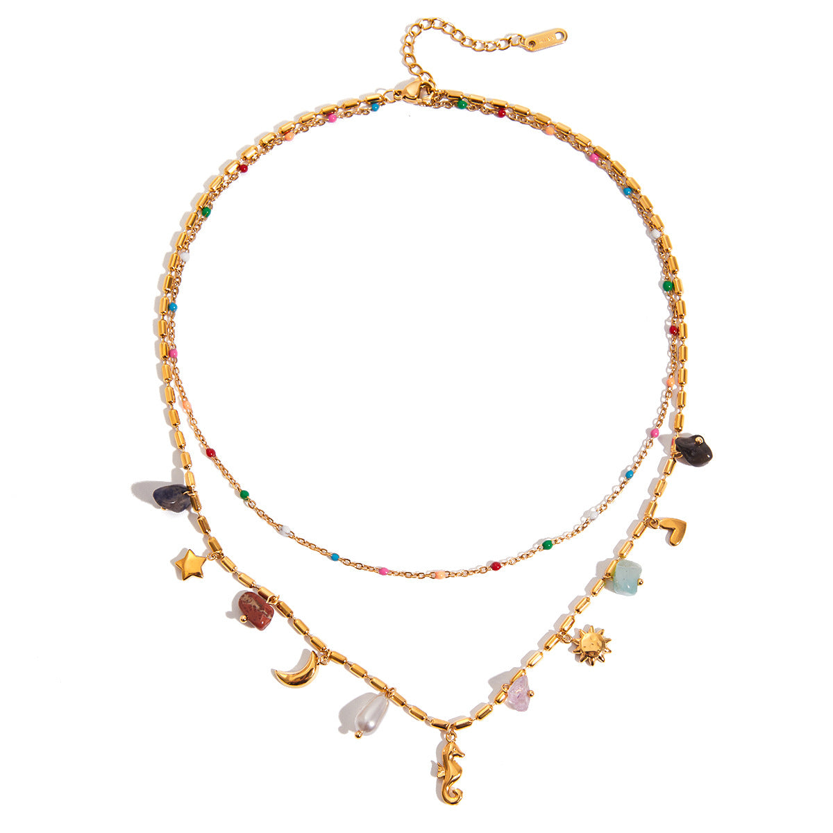 Boho Gemstone Layered Necklace with Hippo Pendant – Stainless Steel Double Layer Jewelry for Women
