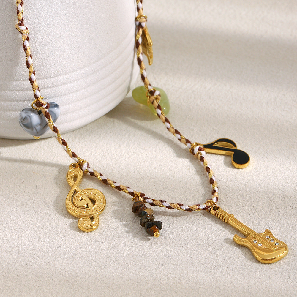Guitar Music Pendant Necklace – 18K Gold Plated Stainless Steel Colorful Cord Boutique Statement Jewelry for Women
