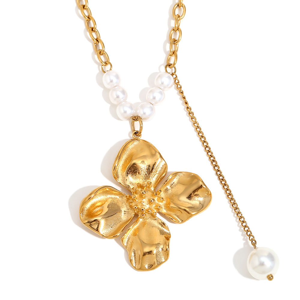 Vintage Floral Pearl Pendant Necklace – 18K Gold Plated Stainless Steel Boutique Statement Jewelry for Women