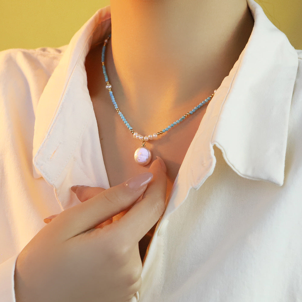 Turquoise & Freshwater Pearl Layered Necklace – 18K Gold Plated Minimalist Luxury Summer Jewelry for Women