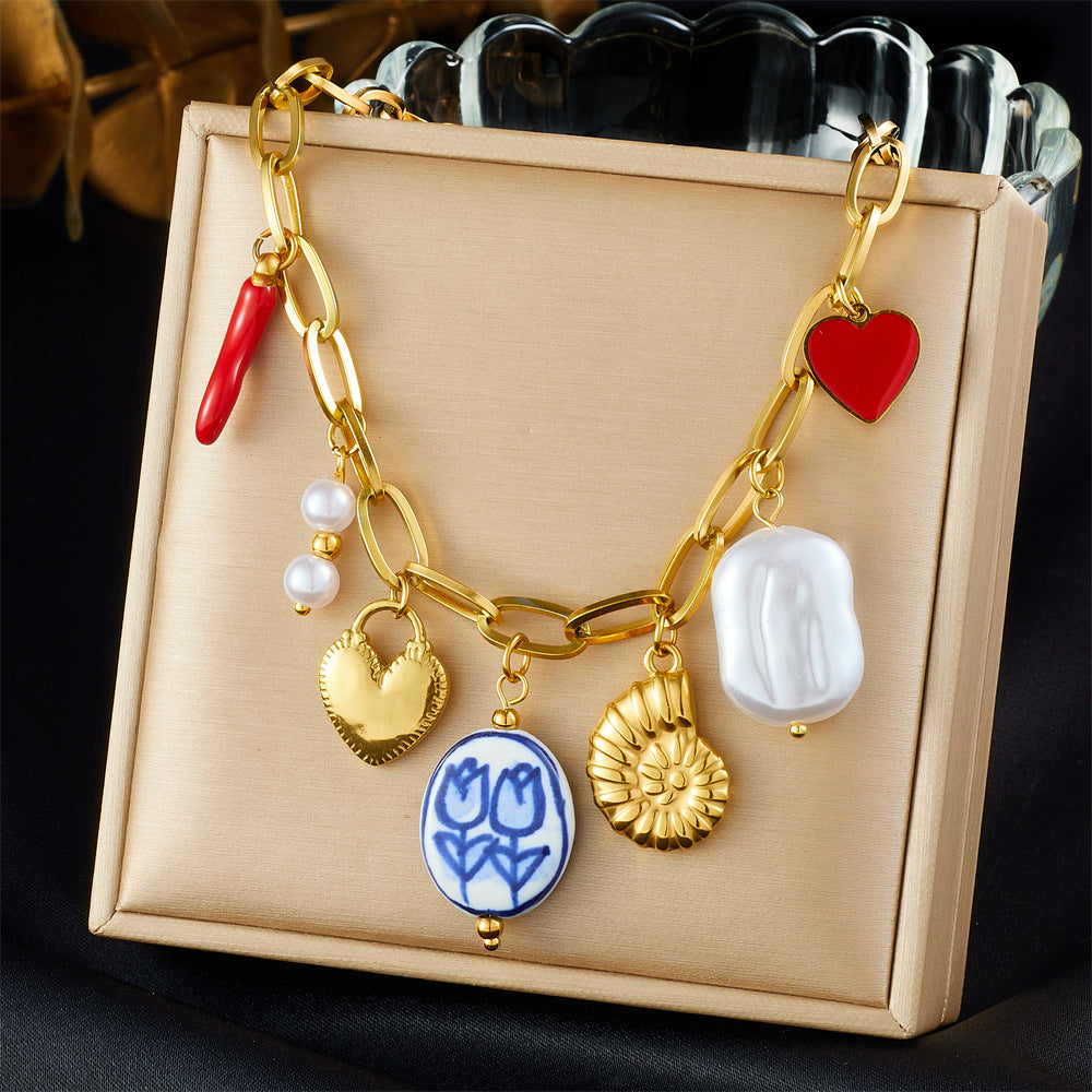 Gold Plated Multi-Charm Necklace – Heart, Shell & Chili Pendant Colorful Statement Jewelry for Women
