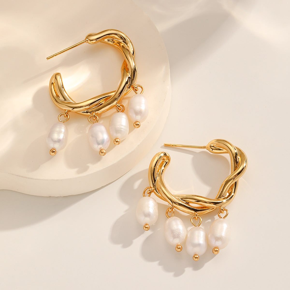 Freshwater Pearl Tassel Hoop Earrings – Elegant C-Shape Minimalist Jewelry for Women
