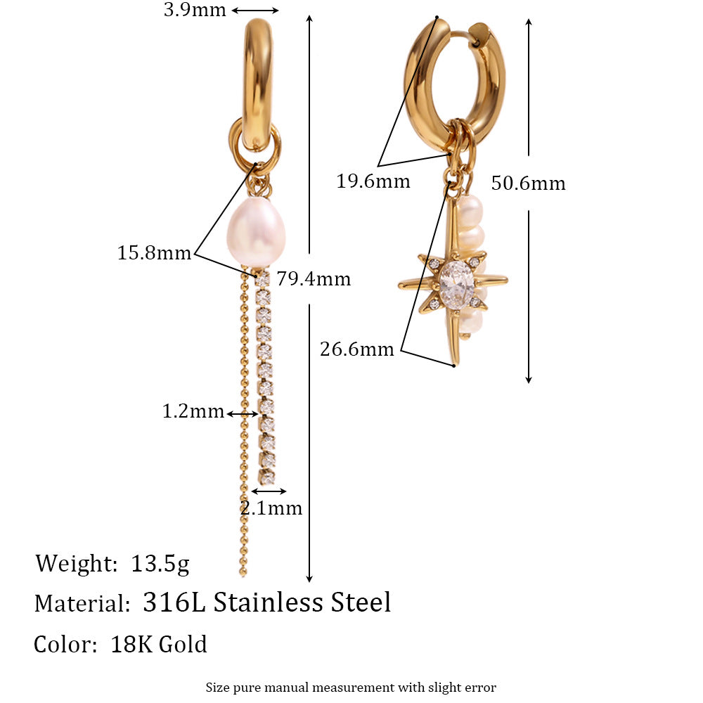 Asymmetric Eight-Point Star Earrings – Freshwater Pearl & CZ 18K Gold Plated Stainless Steel Statement Jewelry for Women