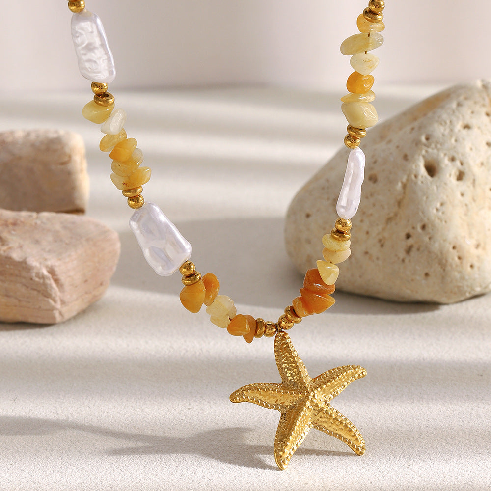Orange Stone & Faux Pearl Starfish Necklace – 18K Gold Plated Stainless Steel Boutique Beach Jewelry for Women