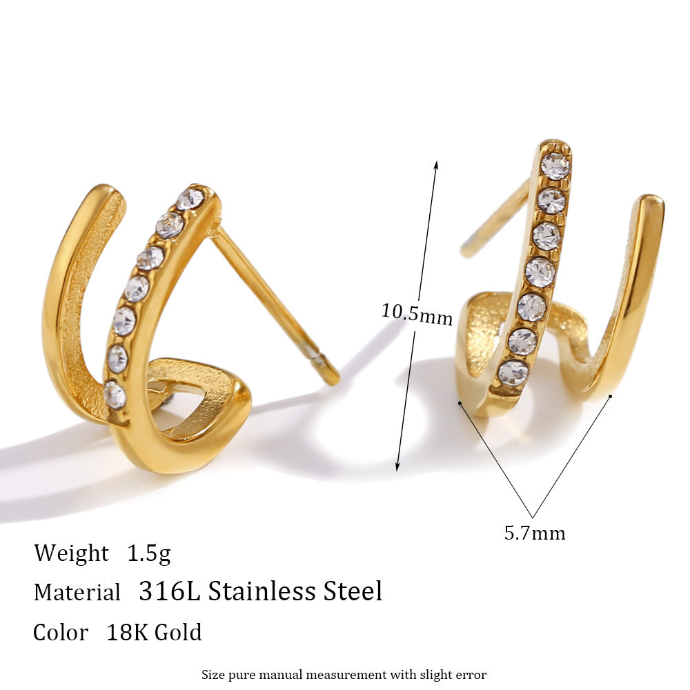 Double Layer Zircon Stud Earrings – 18K Gold Plated Stainless Steel Minimalist Luxury Jewelry for Women