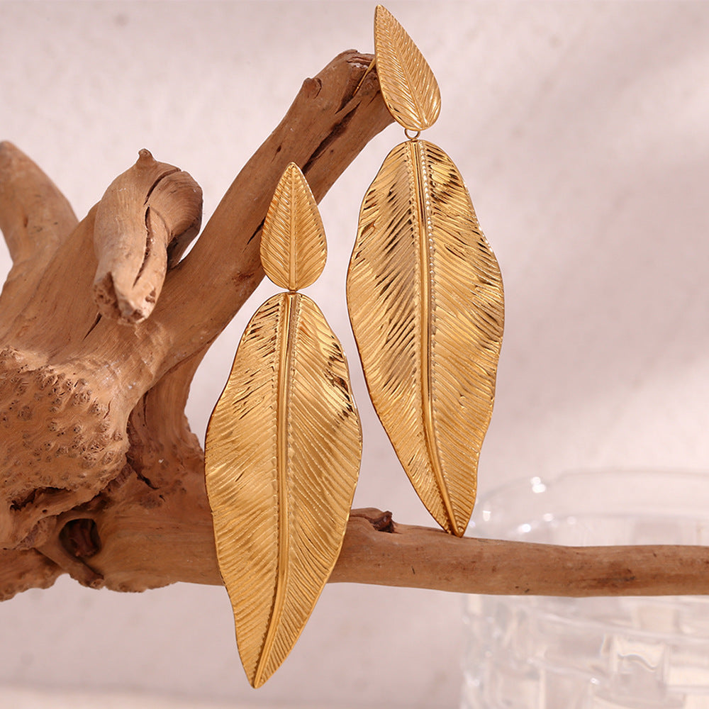 Feather & Leaf Statement Earrings – 18K Gold Plated Stainless Steel Nature-Inspired Jewelry for Women