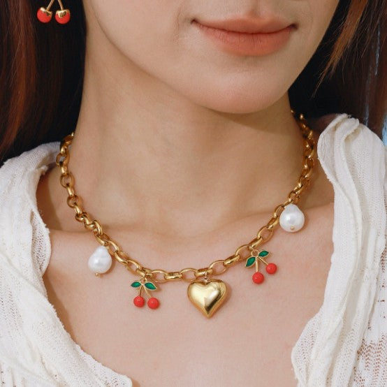 Strawberry & Cherry Fruit Jewelry Set – Stainless Steel Necklace, Bracelet & Earrings for Women