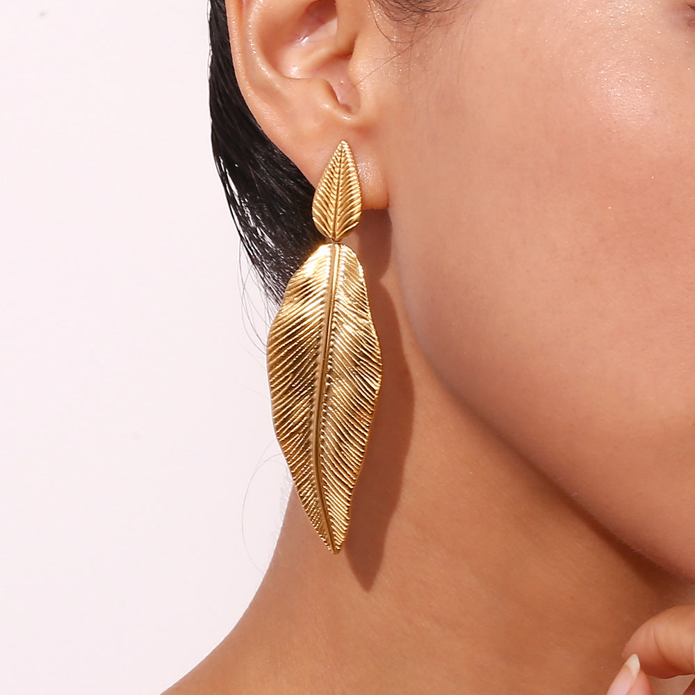 Feather & Leaf Statement Earrings – 18K Gold Plated Stainless Steel Nature-Inspired Jewelry for Women