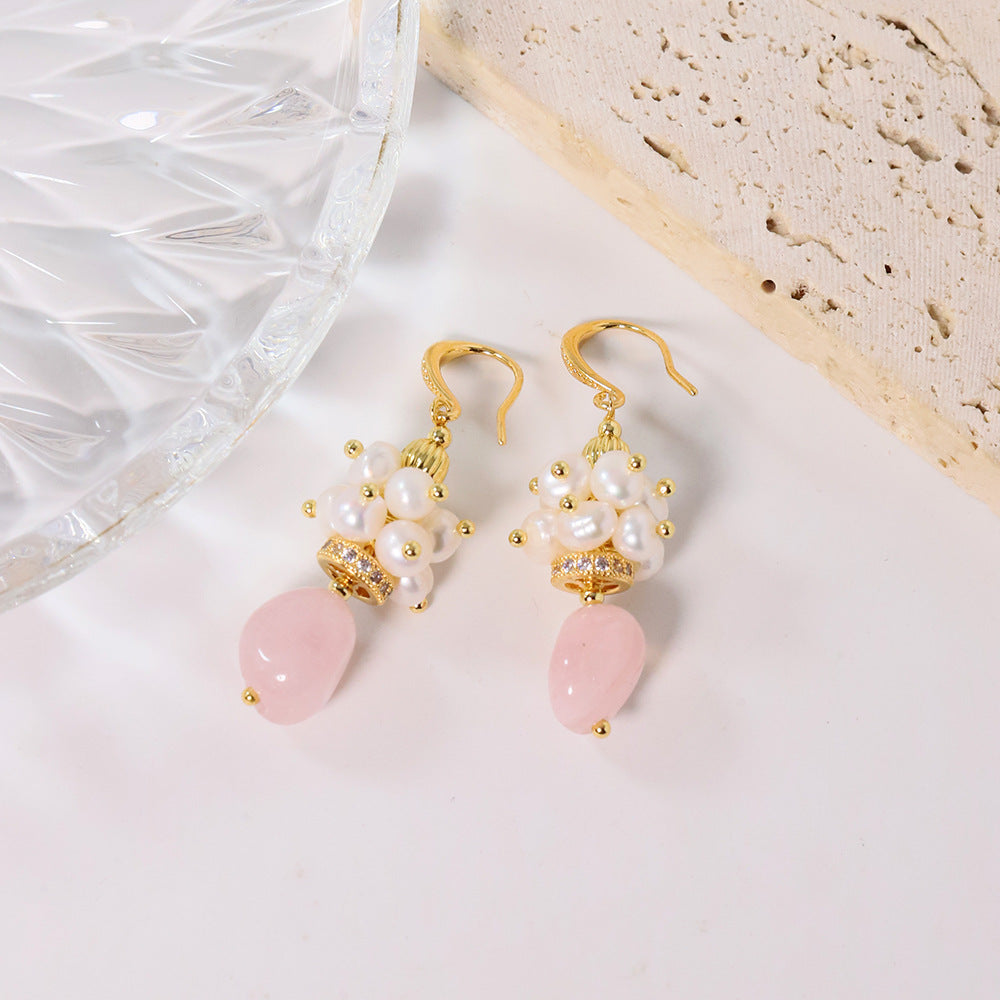 Baroque Rose Quartz & Pomegranate Freshwater Pearl Earrings – Vintage Luxe Statement Jewelry for Women