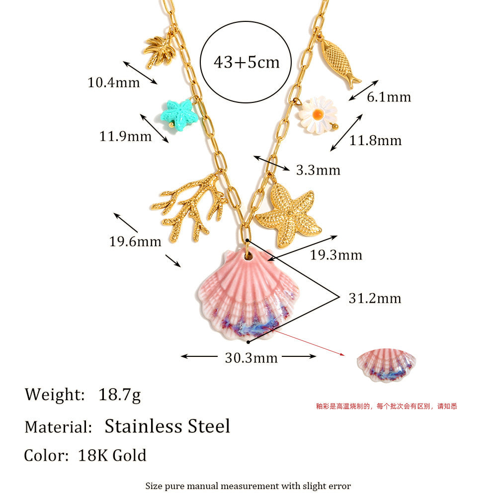 Beach Scallop Pendant Necklace – 18K Gold Plated Stainless Steel Paperclip Chain Ocean Jewelry for Women