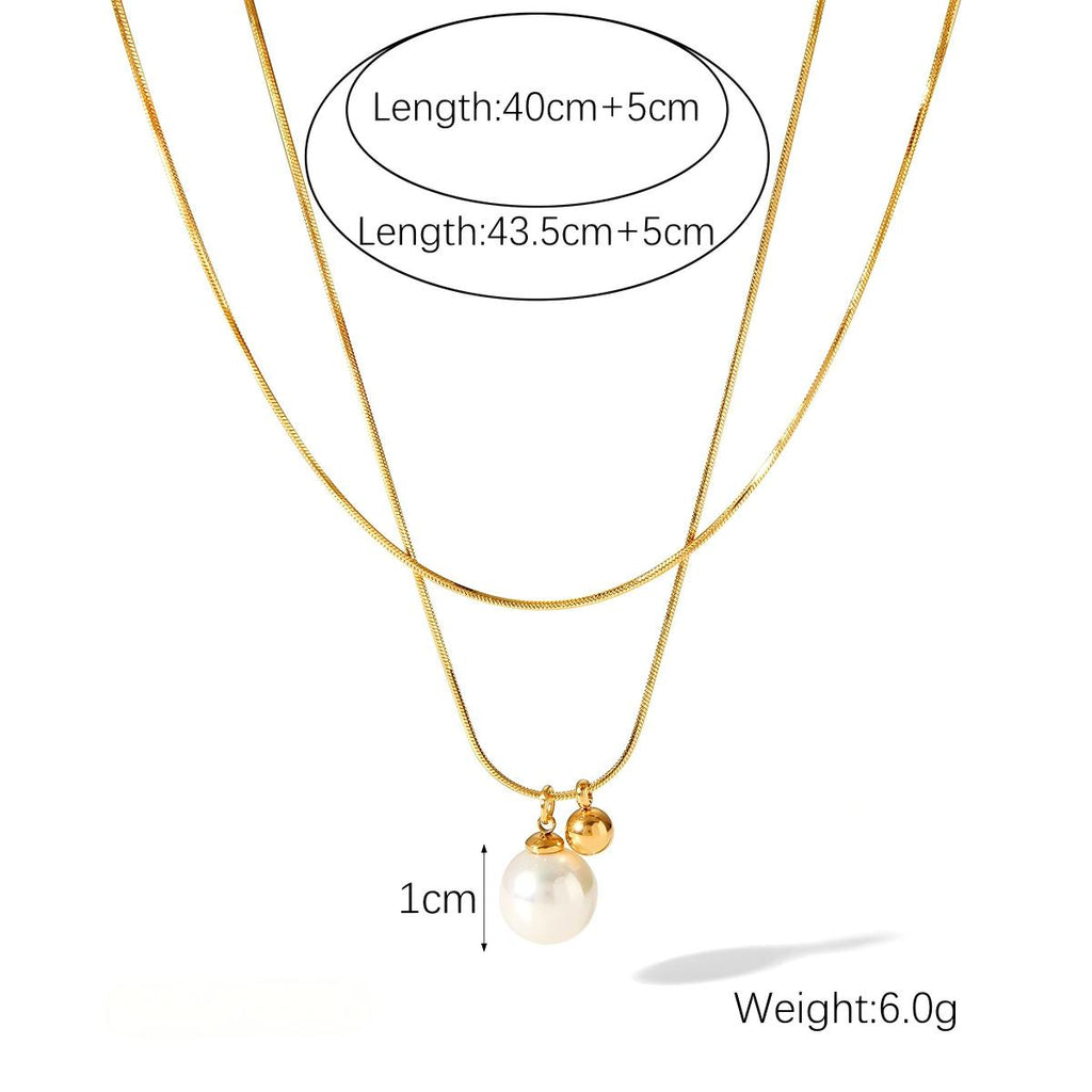 Double-Layer Pearl Pendant Necklace – 18K Gold Plated Stainless Steel Minimalist Layering Jewelry for Women