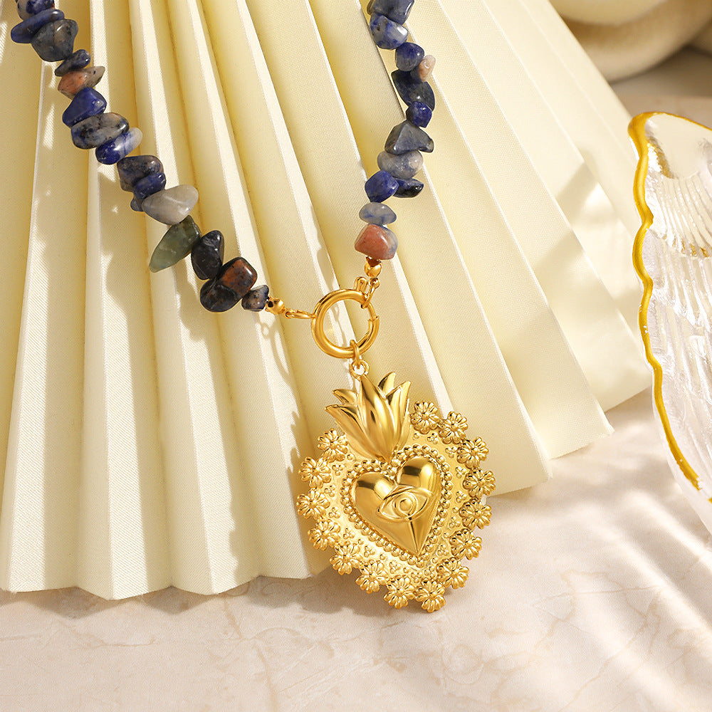 Heart Natural Stone Beaded Necklace – 18K Gold Plated Stainless Steel Vintage Boho Jewelry for Women