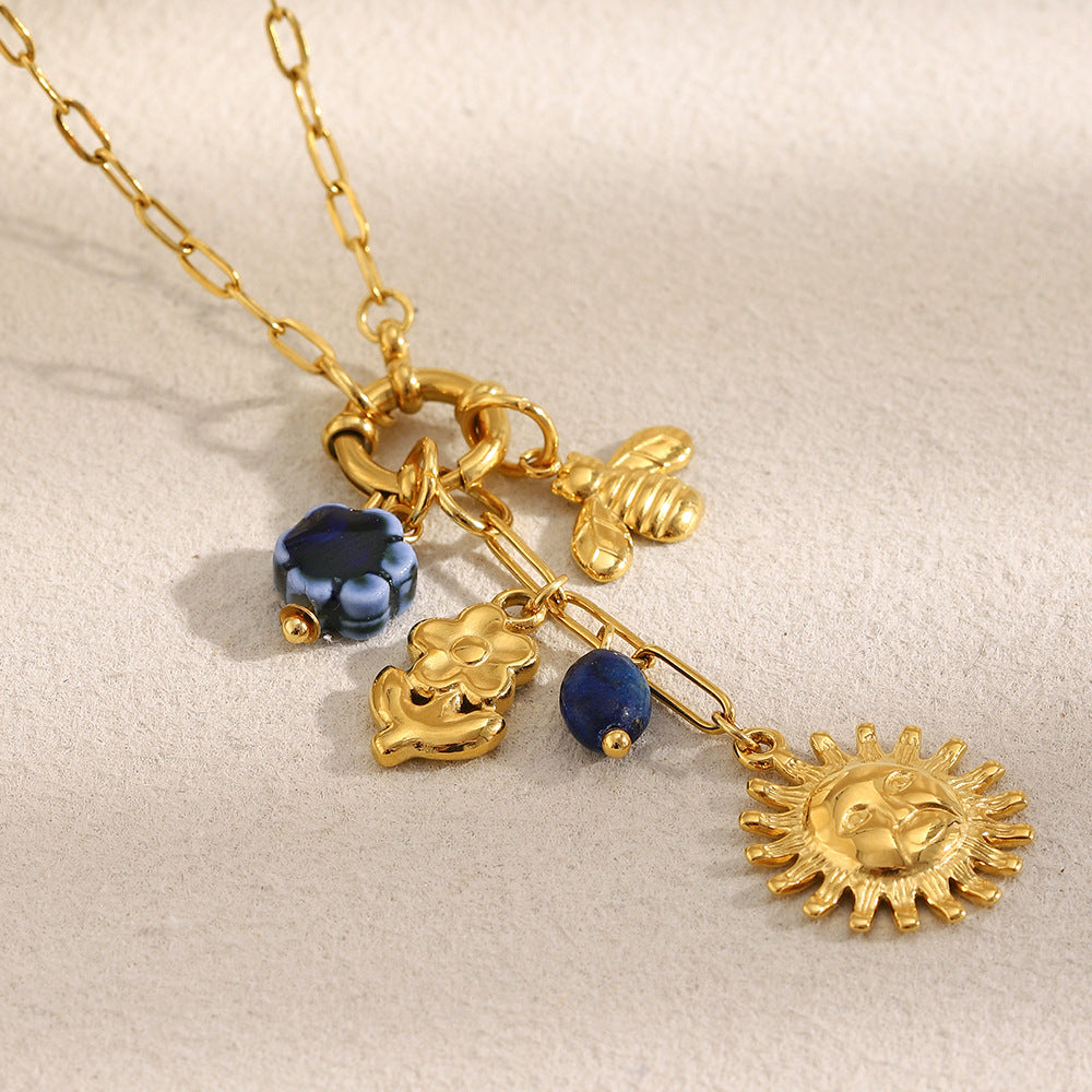 French Luxury Sun & Bee Necklace – 18K Gold Plated Stainless Steel Small Paperclip Chain Minimalist Jewelry for Women