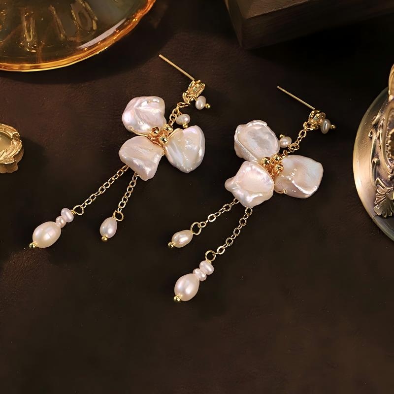 Freshwater Pearl Floral Chain Earrings – CZ Accents 18K Gold Plated Stainless Steel Minimalist Luxury Jewelry