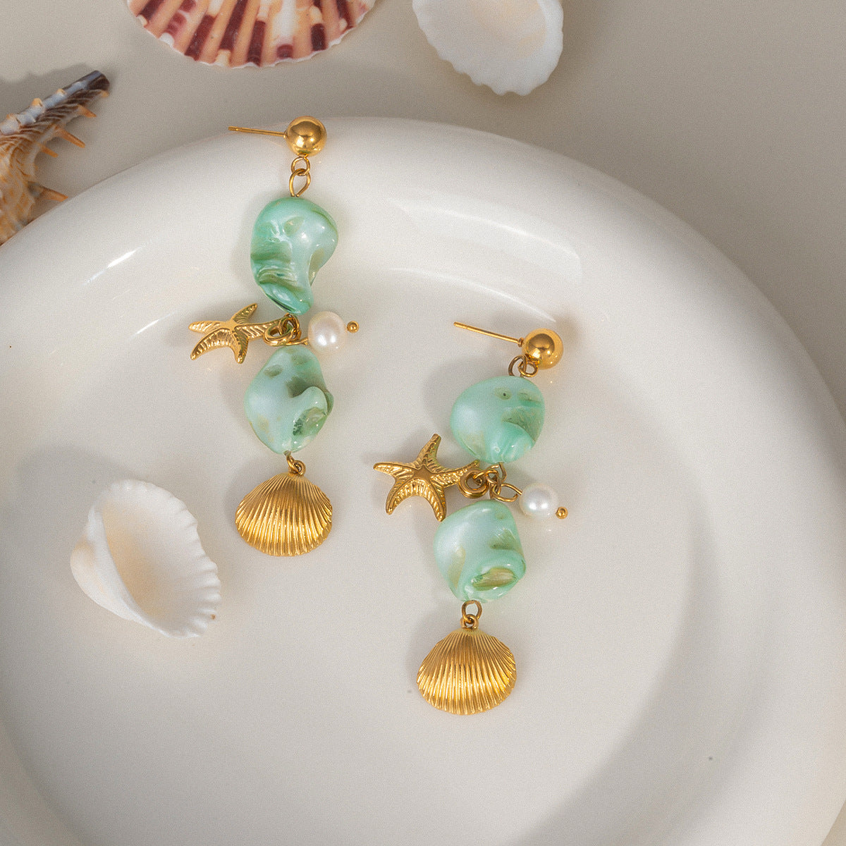 Beach-Inspired Starfish & Shell Earrings – Stainless Steel 18K Gold Plated Gemstone Drop Earrings for Women