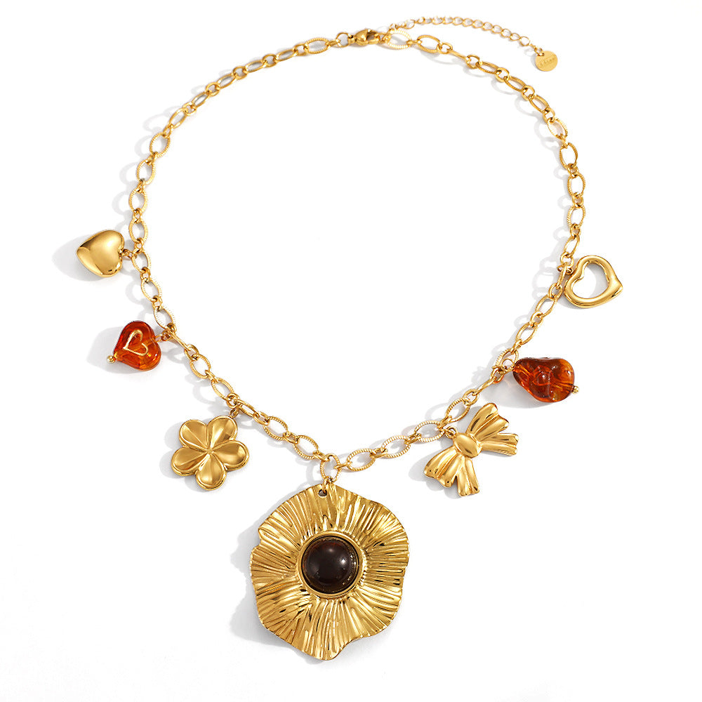 Flower Heart & Bow Necklace – 18K Gold Plated Stainless Steel Waterproof Statement Jewelry for Women